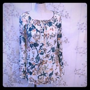 Lucky brand floral blouse long sleeve teal cream L